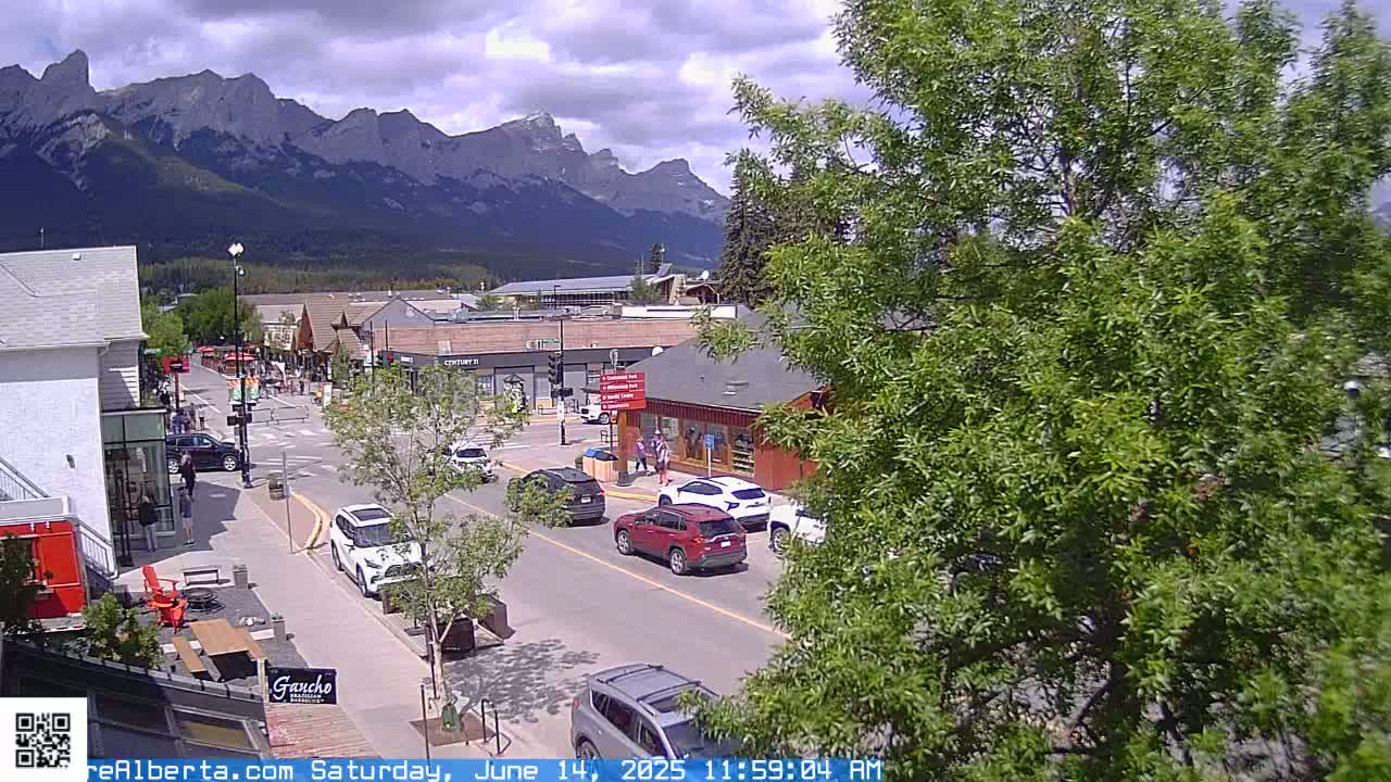 A partly cloudy day shows a mountain view over a town's street scene with cars driving on a road lined with buildings and pedestrians walking on the sidewalk.