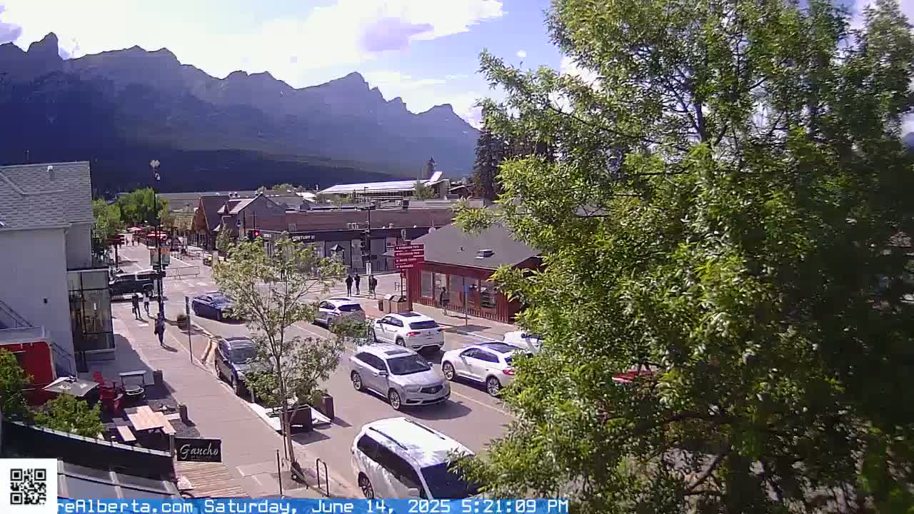 A partly cloudy day shows a mountain view over a town's street scene with cars driving on a road lined with buildings and pedestrians walking on the sidewalk.