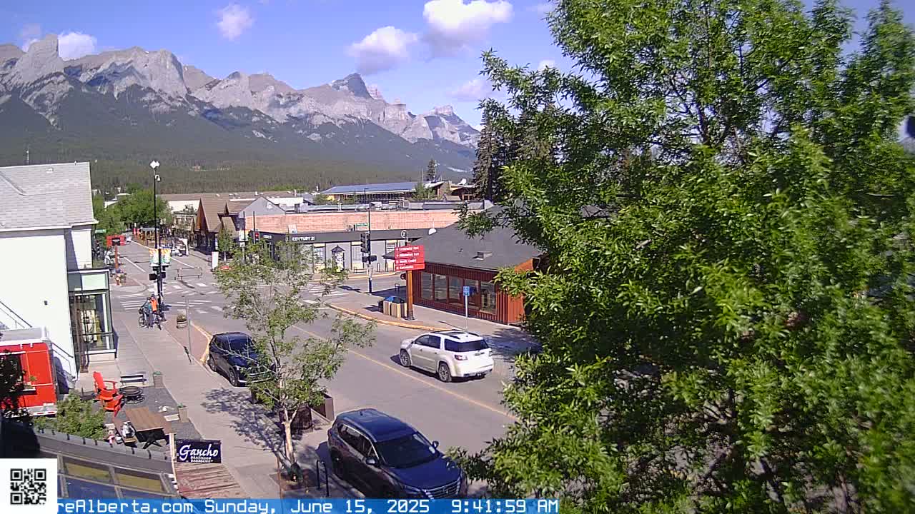 A partly sunny day reveals a mountain range in the background of a street scene with several cars and pedestrians, some greenery, and buildings lining the street.
