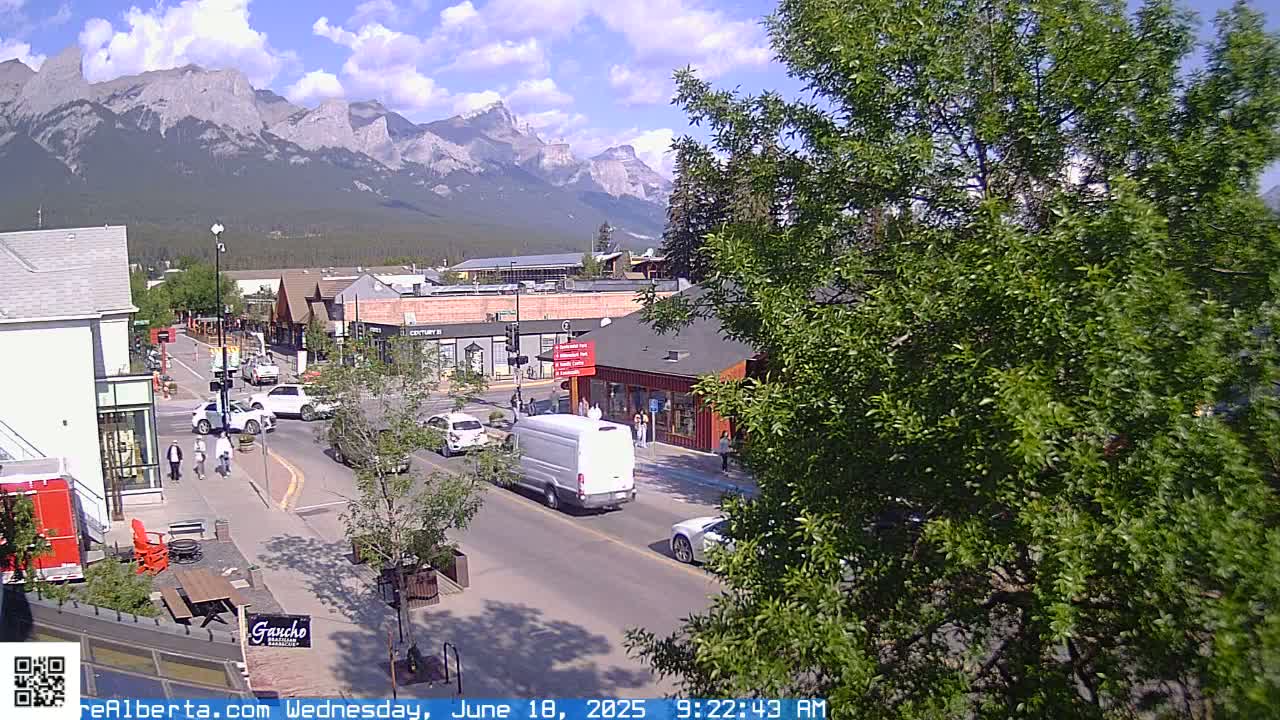 A partly sunny day reveals a mountain view overlooking a town's street scene with cars and pedestrians, and leafy trees in the foreground.