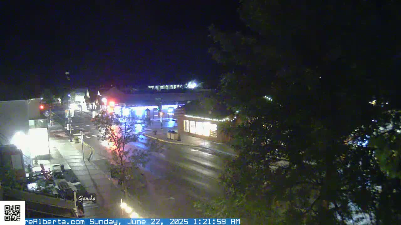 A nighttime view of a street intersection with buildings and some streetlights, partially obscured by trees.