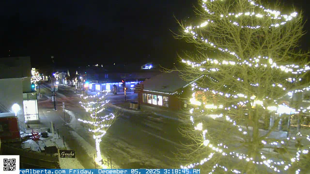 A snowy street scene at night features bare trees and buildings festively adorned with numerous white lights under a clear, cold sky.