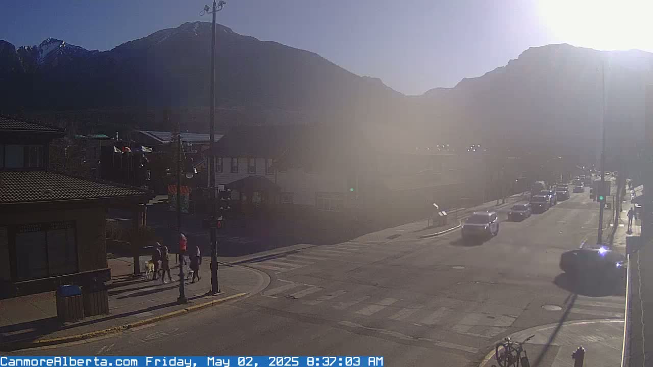 A hazy sunny morning reveals a mountain range behind a town's street intersection with several cars and pedestrians.