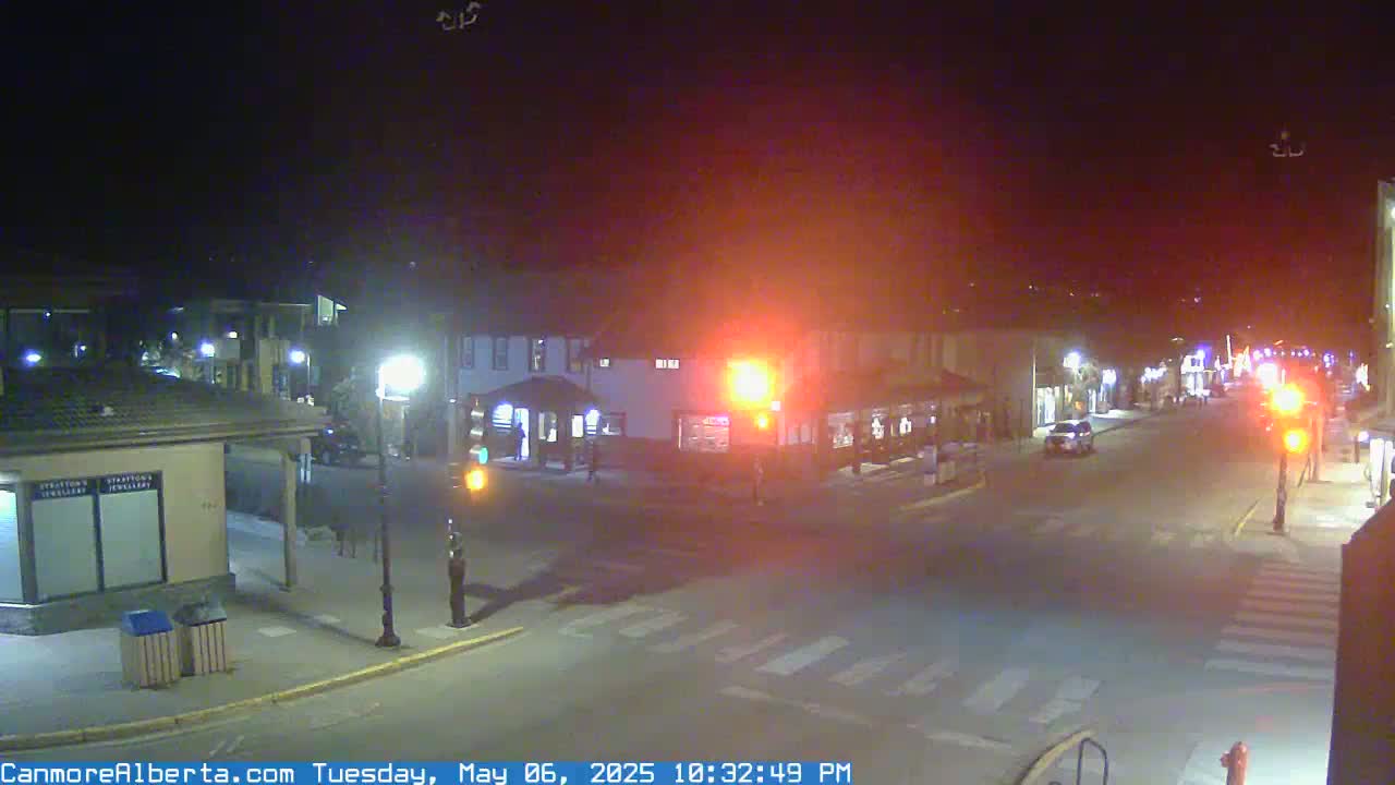 A nighttime, street-level view of a mostly empty town intersection with a few cars and pedestrians, illuminated by streetlights and traffic signals.