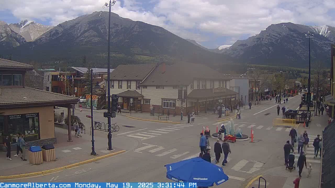 A partly cloudy day in a mountain town shows a street intersection with pedestrians and buildings, with a mountain range in the background.