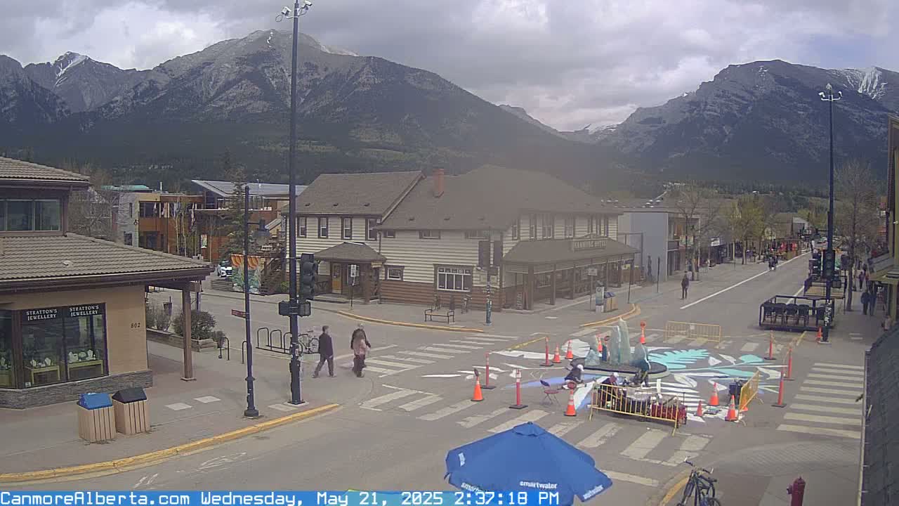 A street scene in a mountain town under a cloudy sky shows people walking near a crosswalk where street art is being painted, with buildings and mountains in the background.