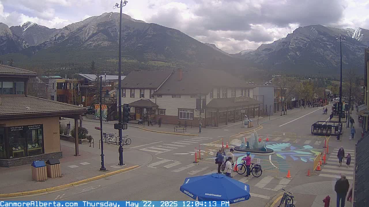 A mountain town street scene on a partly cloudy day, with pedestrians and cyclists near a crosswalk featuring a painted design and a fountain, and mountains in the background.