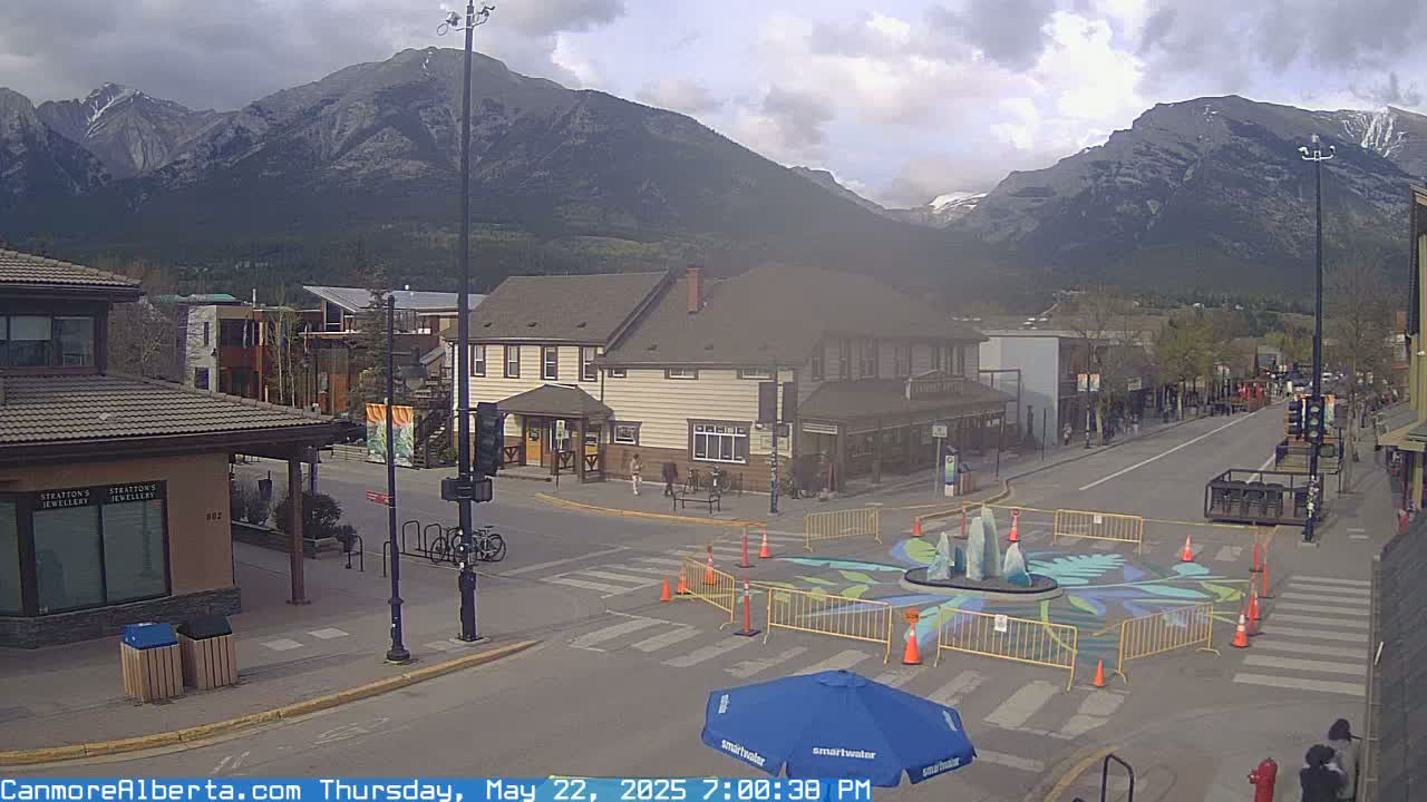 A partly cloudy day shows a mountain range in the background of a town's street scene with a fountain in the foreground partially blocked by construction barriers.