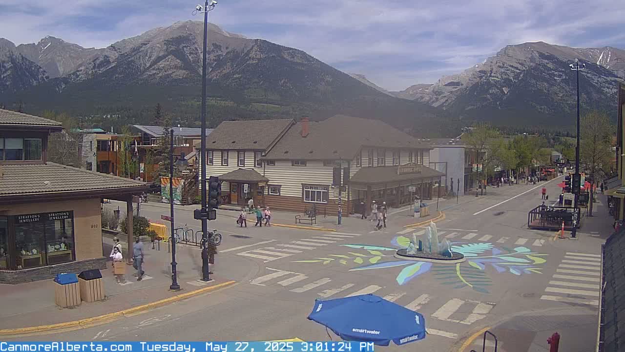 A street scene in a town nestled against a mountain range under a partly cloudy sky shows pedestrians crossing a street intersection with a painted floral design around a fountain.