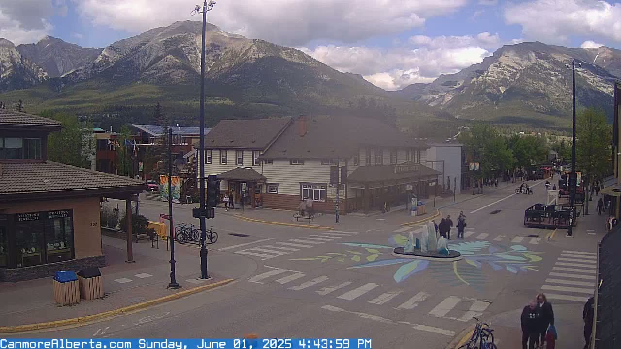 A partly cloudy day reveals a mountain range overlooking a town square with pedestrians and cyclists, featuring a painted crosswalk and a small fountain.