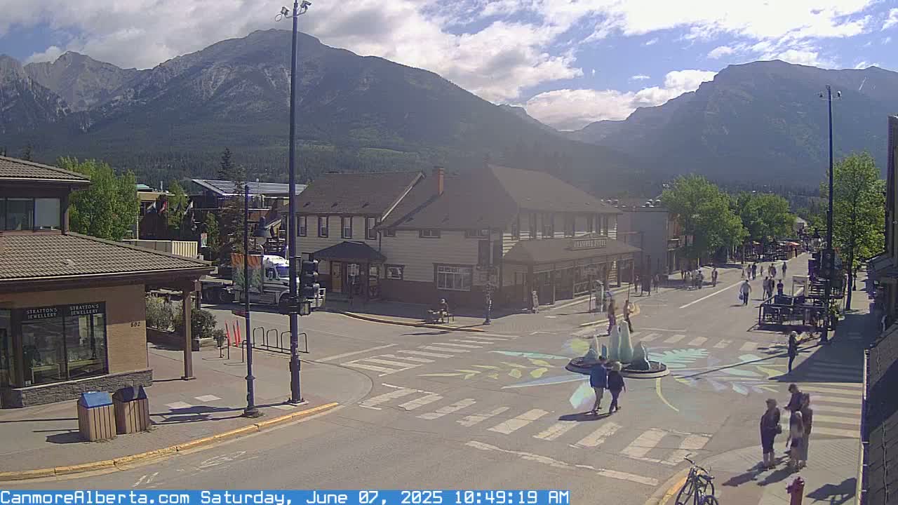 A mountain town street scene on a partly sunny day shows pedestrians walking near a small fountain in a crosswalk, with buildings and mountains in the background.