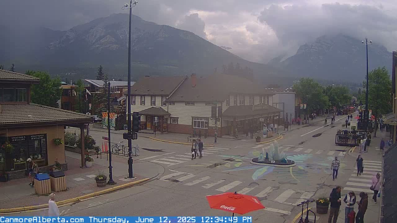 A cloudy day in a mountain town shows a street scene with pedestrians and cars, a fountain in the middle of the intersection, and a large building in the background.