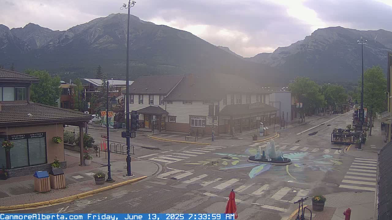 A hazy, overcast day reveals a town square with a fountain at its center, bordered by buildings and trees, with mountains in the background.