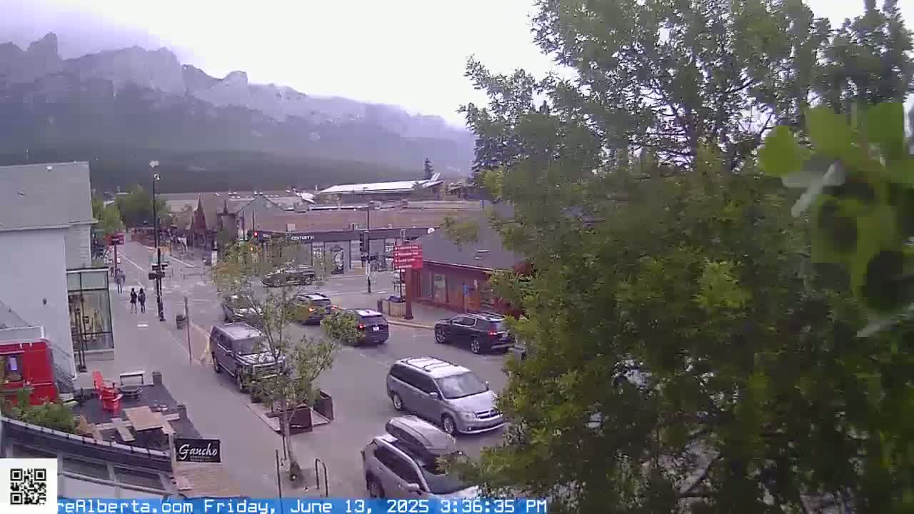 A street scene in a mountain town shows several cars on a road in front of buildings, with pedestrians walking on the sidewalk, under an overcast sky.