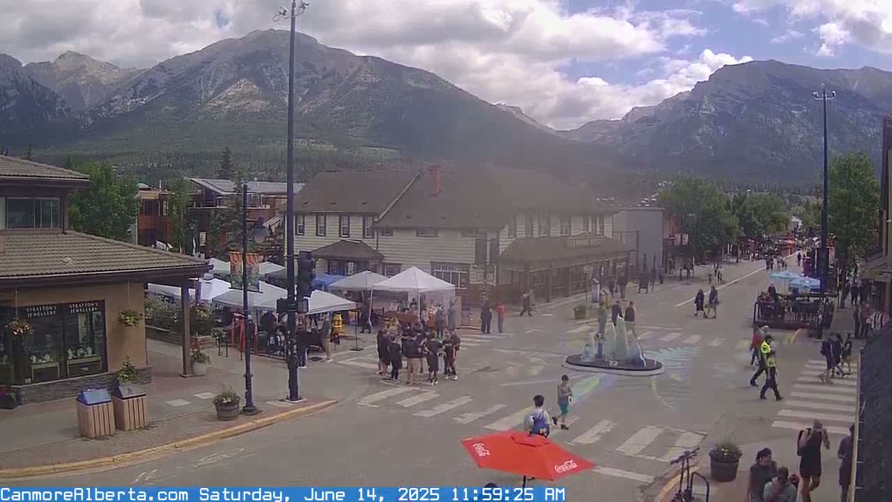 A partly cloudy day shows a town square with people walking around, vendors with canopies set up, and mountains in the background.
