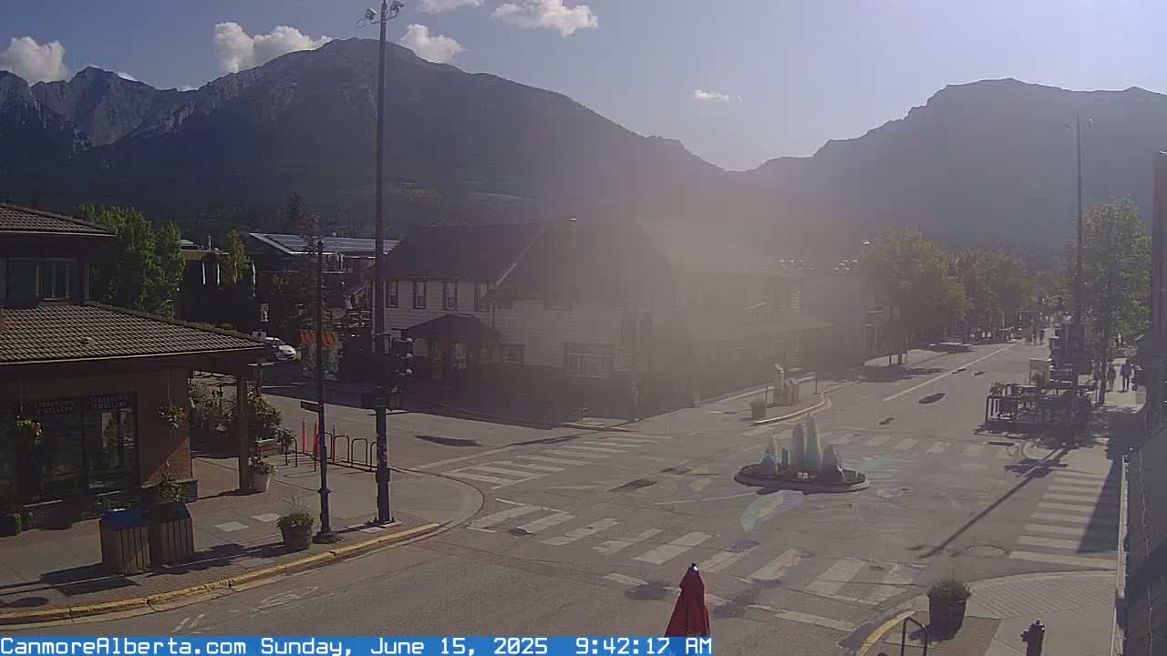 A hazy, sunny day reveals a town square with a small fountain at the intersection of streets, surrounded by buildings and mountains in the background.