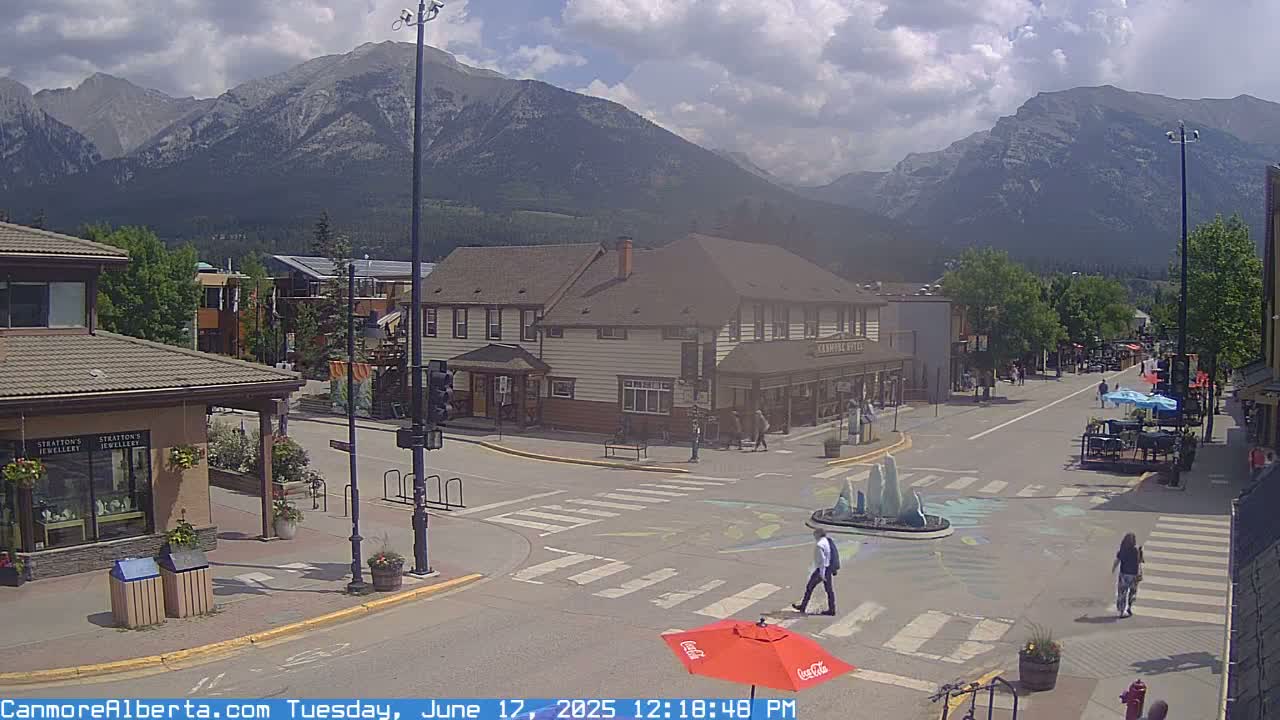 A partly cloudy day in a mountain town shows a street scene with pedestrians and buildings, a fountain in the center of an intersection, and mountains in the background.