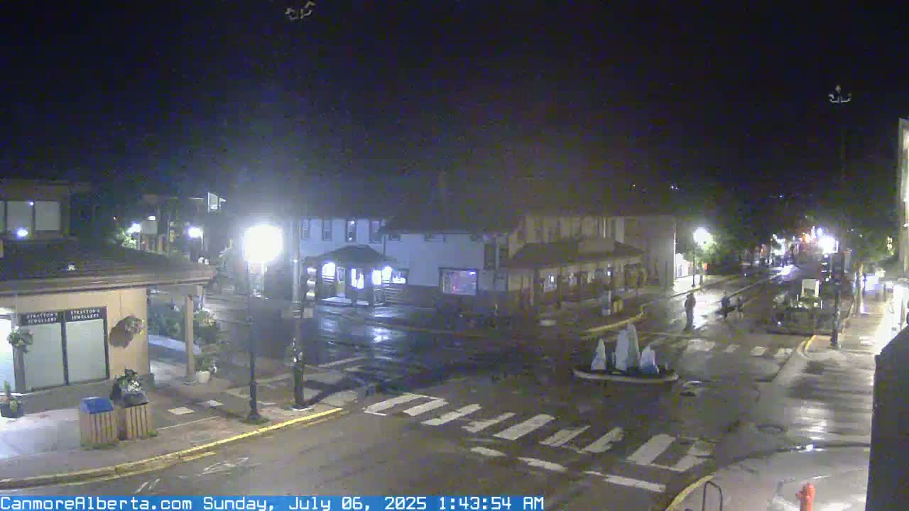 A nighttime, wet street scene shows a crosswalk, several buildings, and a few pedestrians.