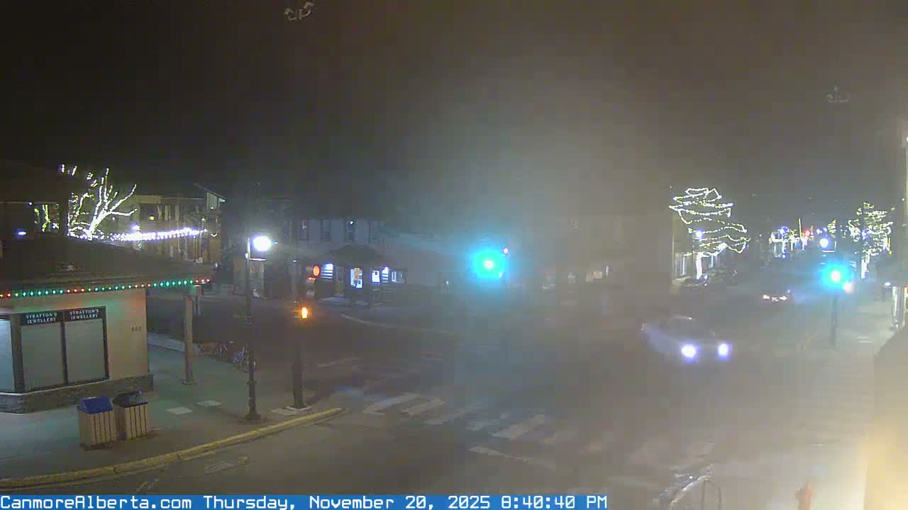 A nighttime, wet street scene shows a crosswalk, several buildings, and a few pedestrians.