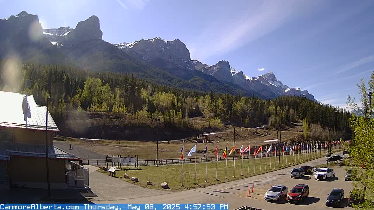 A sunny day reveals a parking lot with several cars near a building and a row of flags in front of a forested mountain range partially covered in snow.