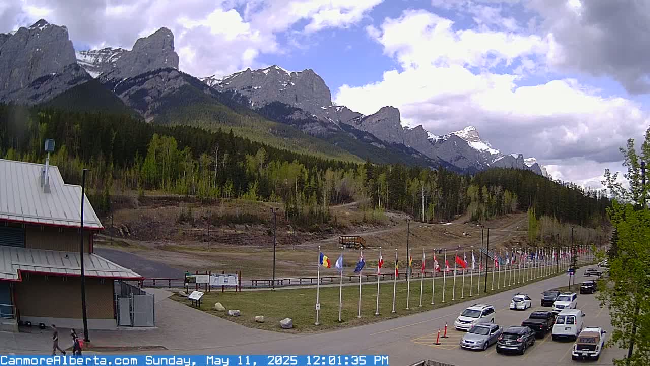 A partly cloudy day reveals a row of flags in front of a parking lot, with a building and a forested mountain range in the background.
