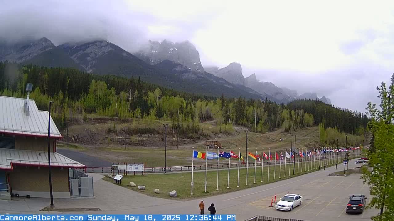A cloudy day reveals a row of flags lining a parking lot next to a building, with mountains in the background.