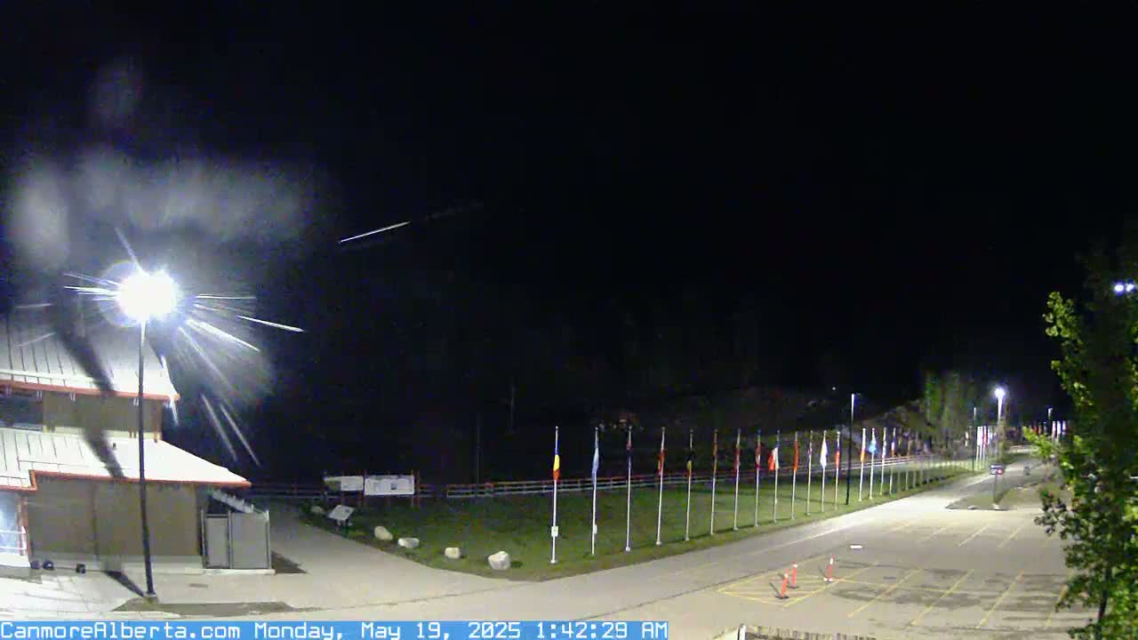 A nighttime, outdoor scene shows a building illuminated by a bright streetlight, a row of flags on poles, and a mostly empty parking lot, with streaks of light possibly indicating a meteor shower in the dark sky.