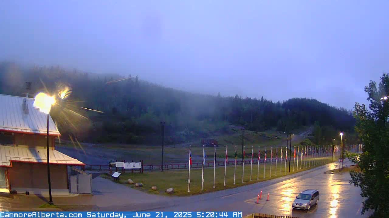 A foggy, pre-dawn scene shows a row of flags lining a wet road in front of a building and a hill covered in trees.