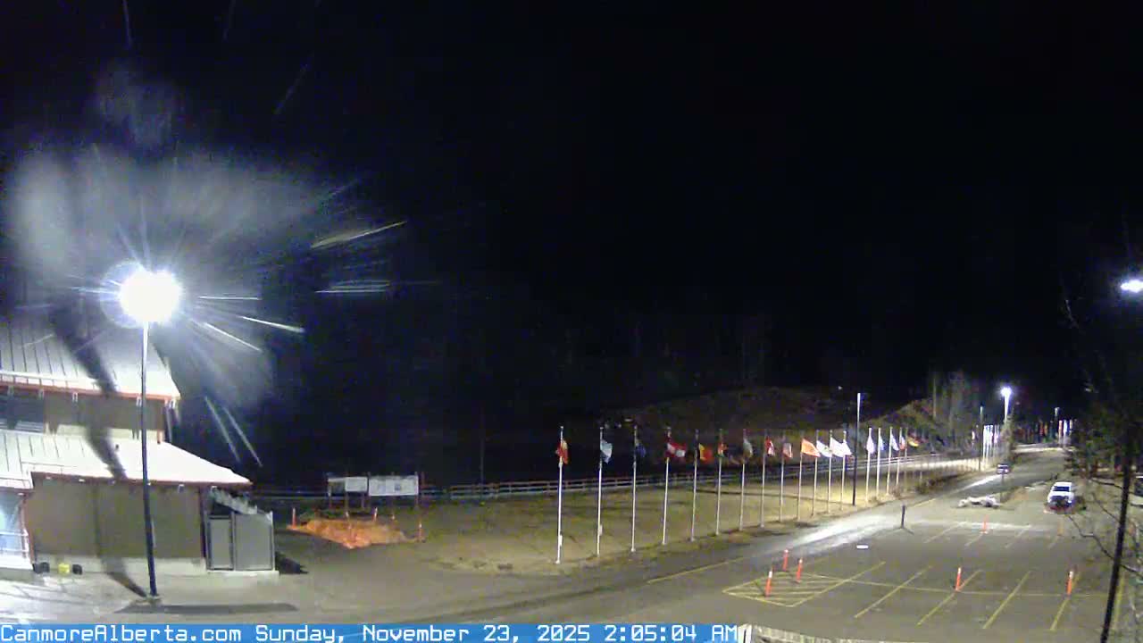 A nighttime outdoor scene reveals a building and a long row of flags beside a parking lot and road, all illuminated by streetlights, with light snow or sleet visibly falling.