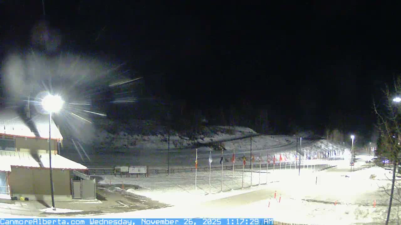 A snowy outdoor area is depicted at night, with a brightly lit building and a row of international flags visible alongside snow-covered paths and distant treed hills under actively falling snow.