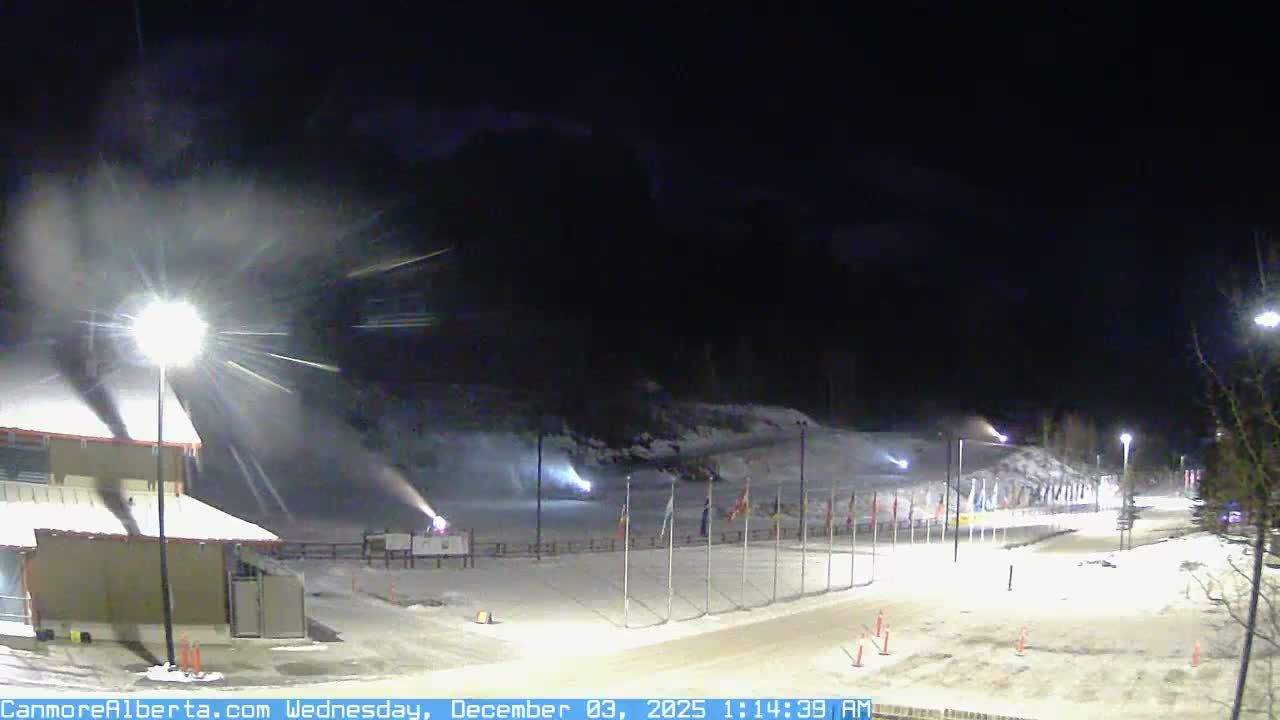 A brightly illuminated, snow-covered ski or cross-country track is visible at night under a dark, lightly snowing winter sky, featuring buildings on the left and a row of flags on the right.