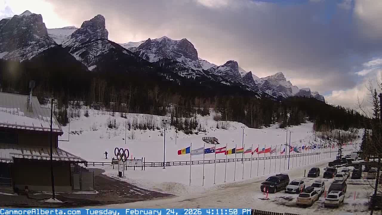 Canmore Nordic Centre Ski Slope & Mt. Rundle View Live Cam - Canmore, Alberta's Rockies, Alberta, Canada