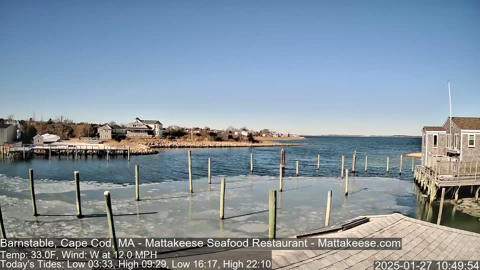 A partly frozen harbor with buildings on a clear, sunny day, and a light westerly wind.