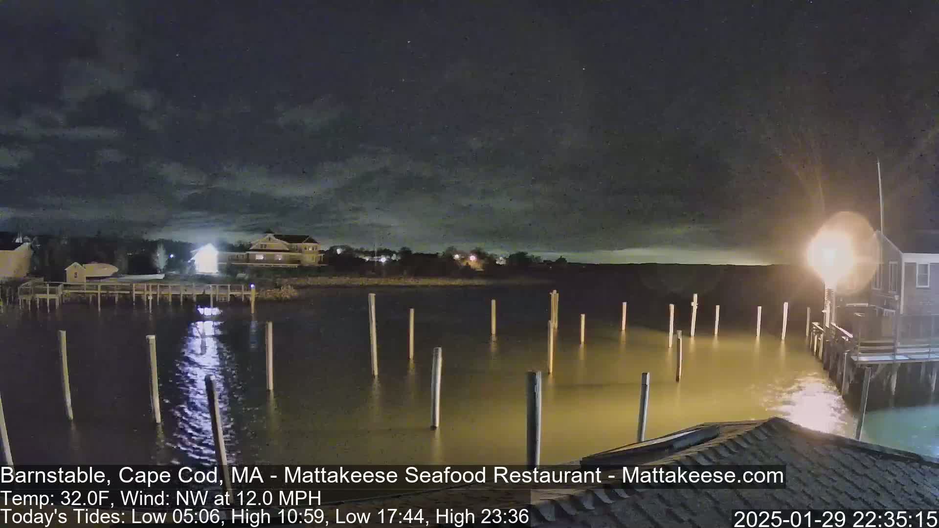 A nighttime view of a calm body of water with pilings extending from a dock, buildings on the shore, and a partly cloudy sky.