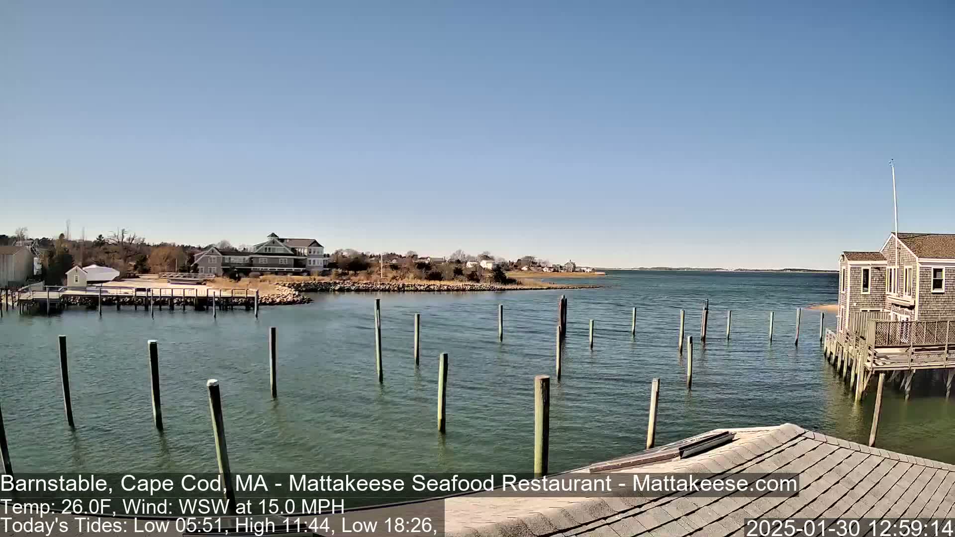 A calm body of water with wooden pilings in a harbor, under a clear blue sky, shows a small waterfront community in the background.