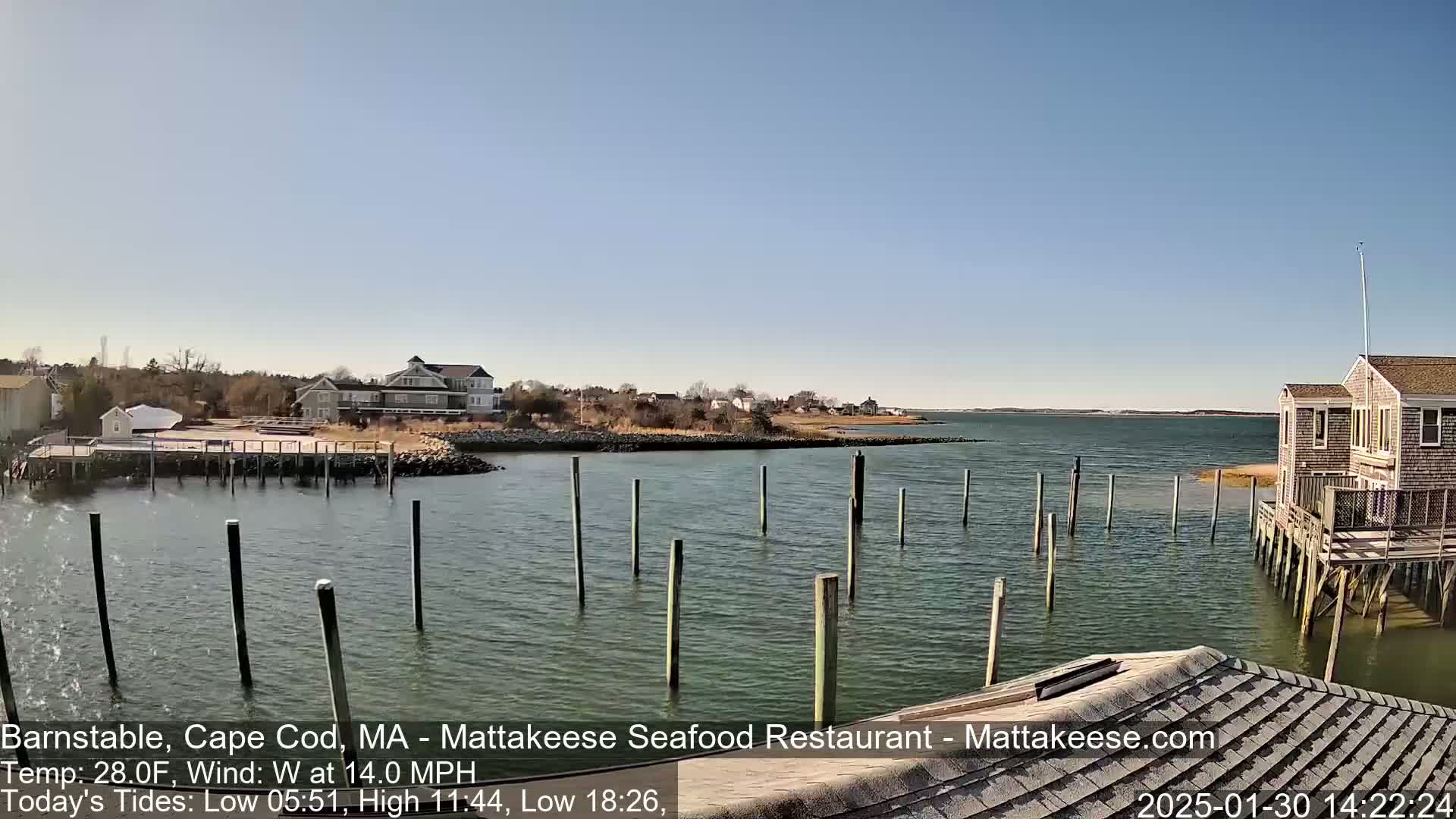 A calm, sunny day shows a waterfront scene with houses, docks, and pilings in the water.