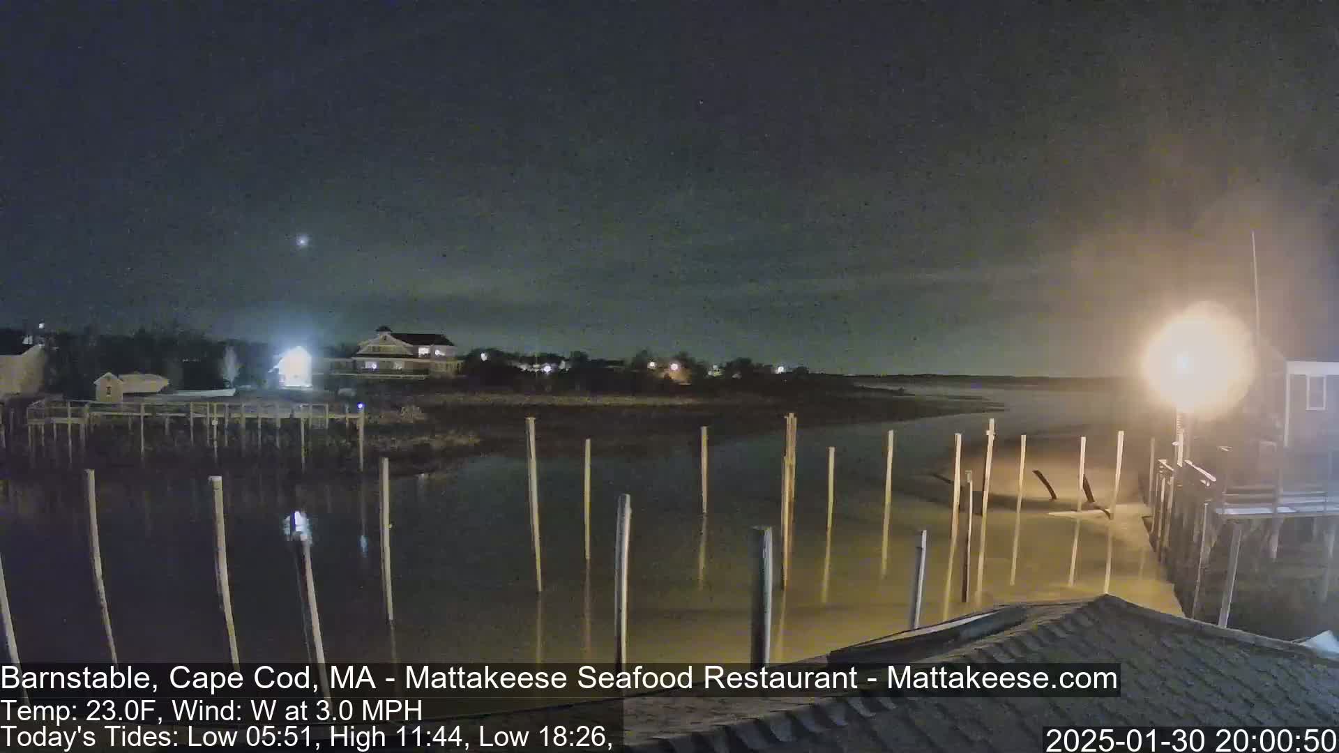 A nighttime view of a calm body of water with wooden pilings extending into it, under a clear, dark sky, near a shoreline with buildings.