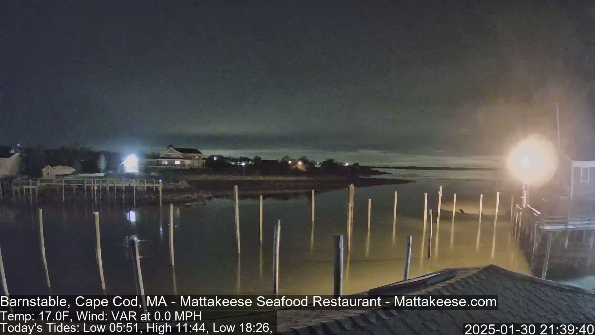 A nighttime view of a calm harbor with wooden pilings extending into the water, illuminated by a nearby light, with buildings visible along the shoreline under a dark sky.