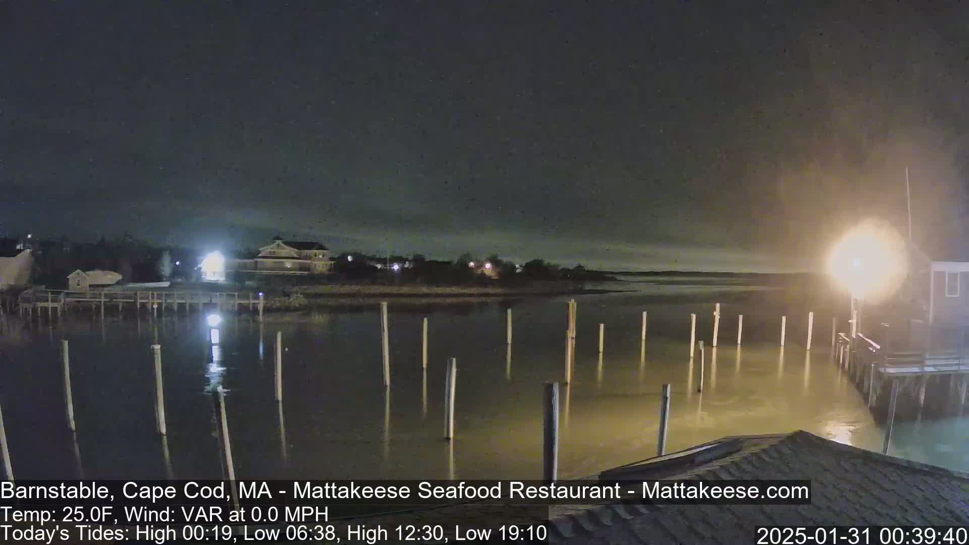 A nighttime view of a calm body of water with several posts extending from a dock into the water, and buildings with lights visible in the background.