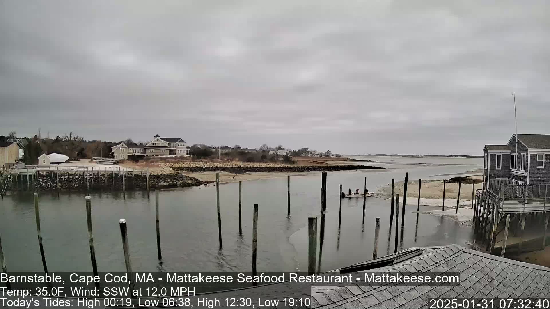 A calm bay with a few houses and a small boat, under an overcast sky.