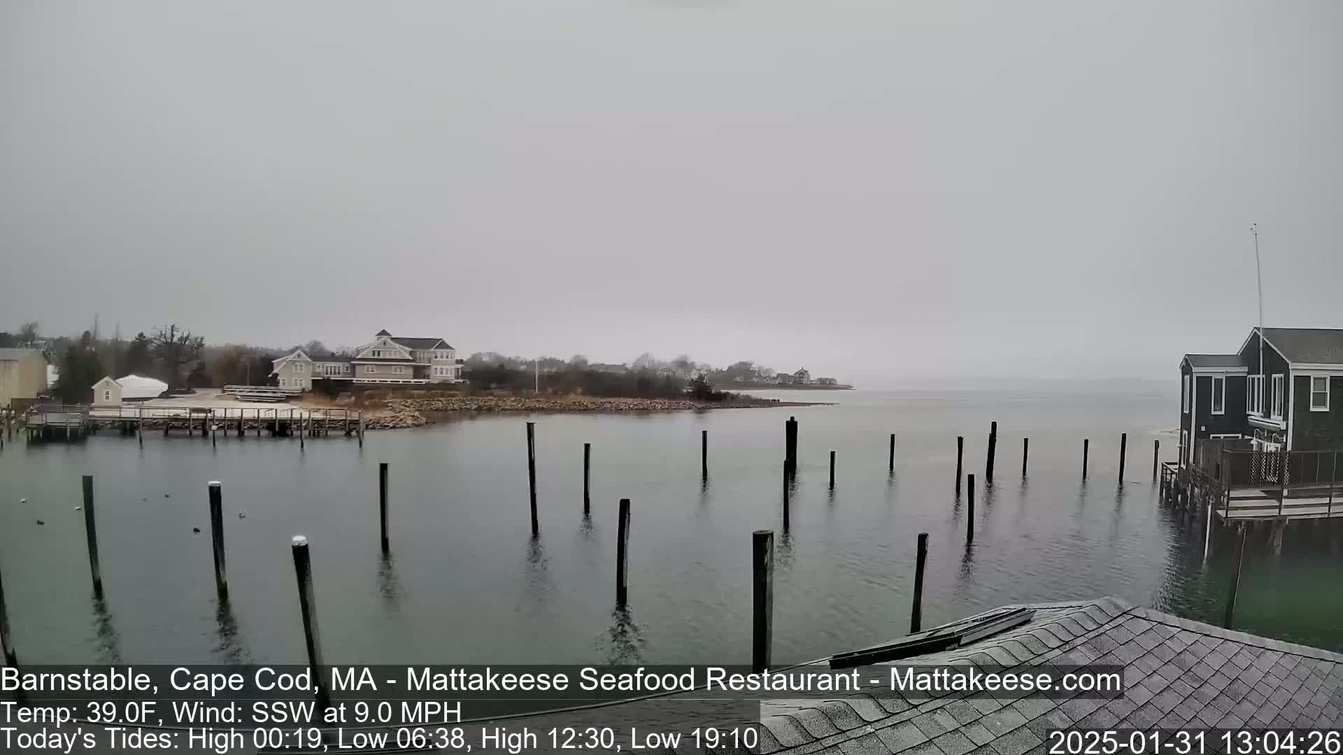 A calm body of water with wooden pilings extends from a shoreline featuring buildings and a overcast sky.