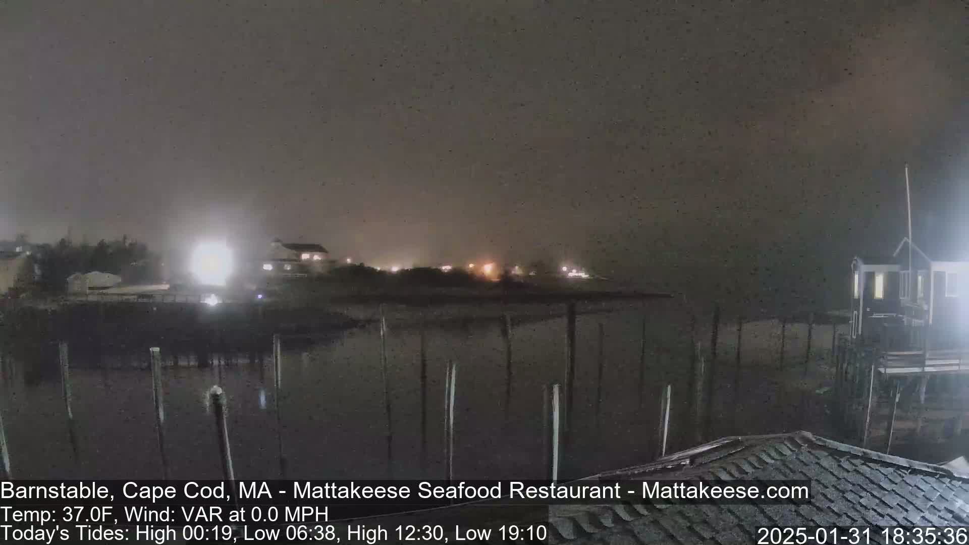A nighttime view of a dark, calm body of water with a few lights visible on the far shore under an overcast sky.