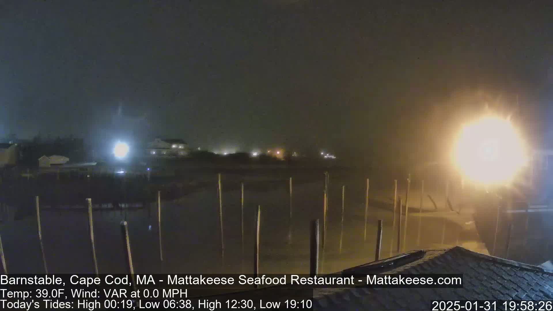 A nighttime view of a hazy harbor with several dock posts and dimly lit buildings in the background.