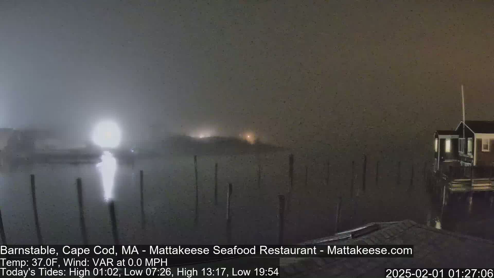 A foggy night scene shows a body of water with dark pilings, a distant building with lights, and a bright light reflecting on the water.