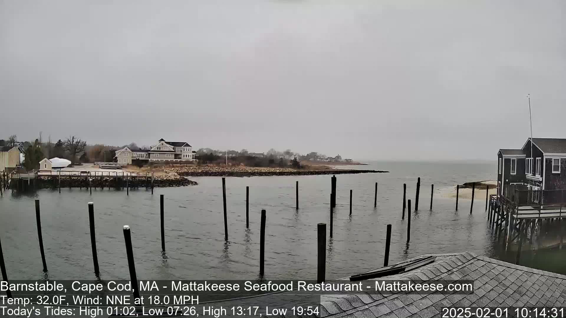 A gray, overcast day shows a waterfront scene with a calm body of water, several houses, and a dock with many pilings.