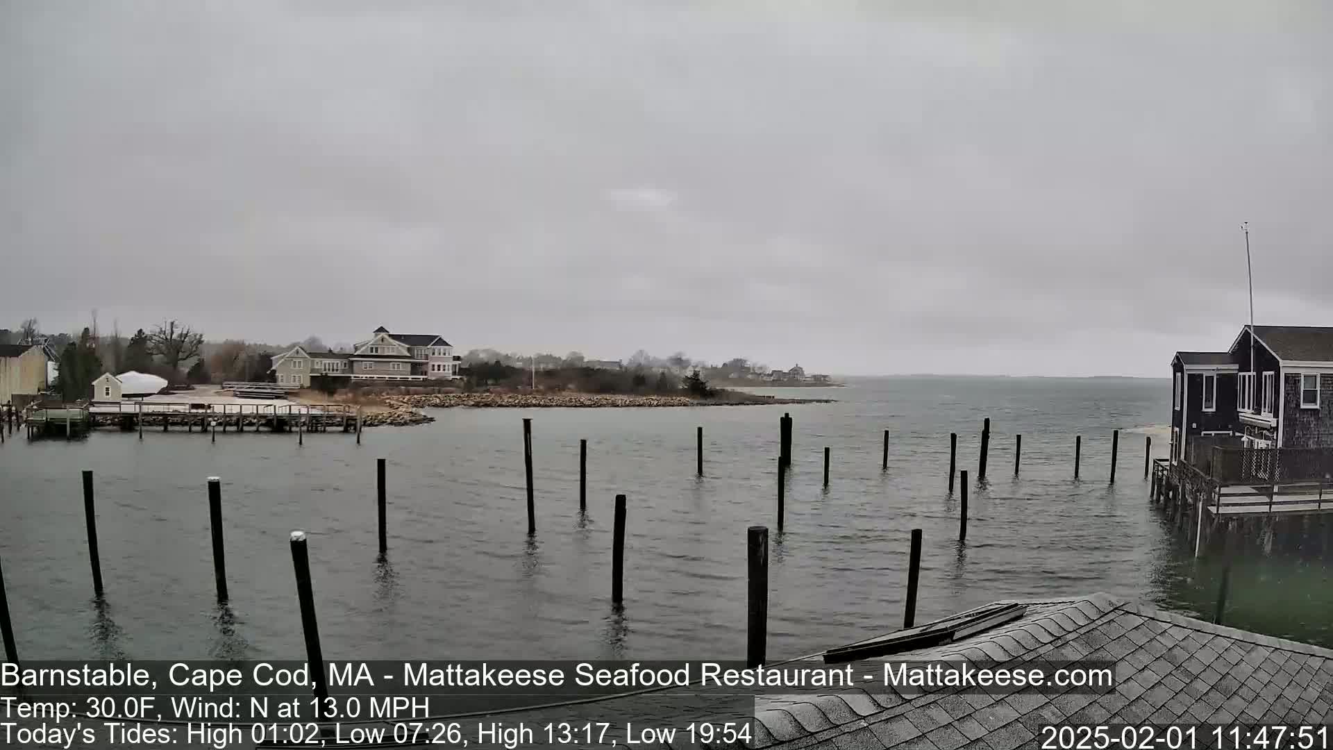 A gray, overcast day shows a calm body of water with several wooden pilings extending from a shoreline featuring houses and a small dock.