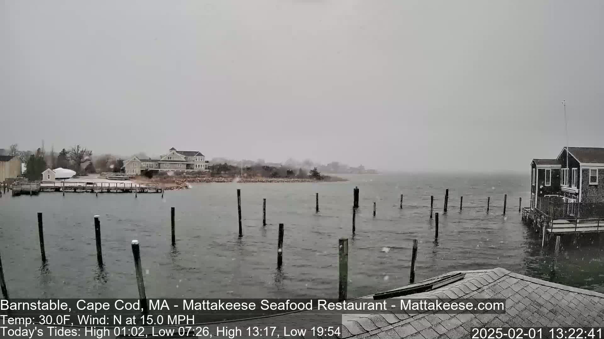 Snow falls on a calm body of water dotted with pilings and houses, one of which is a dark-colored building near the right.