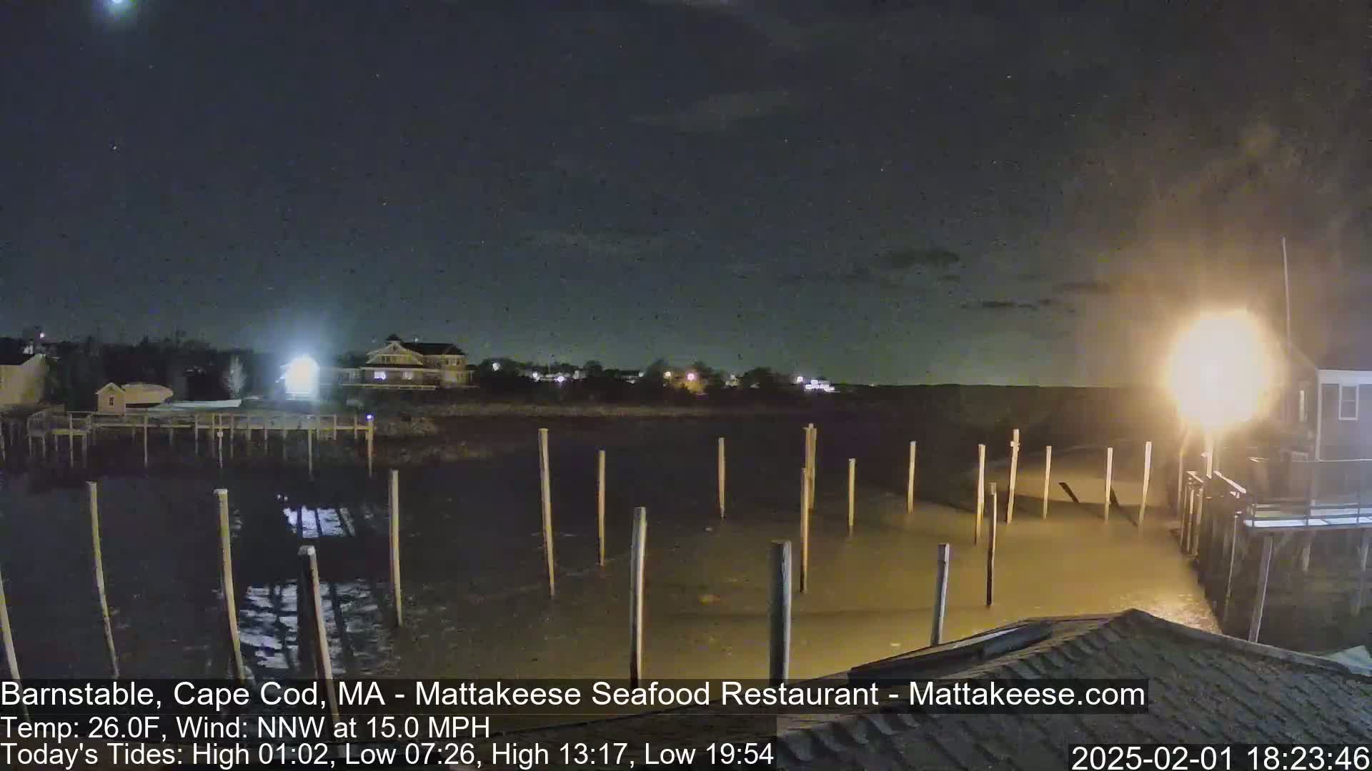 A nighttime view of a calm, shallow body of water with several wooden pilings, under a clear, dark sky with a bright light source to the right.