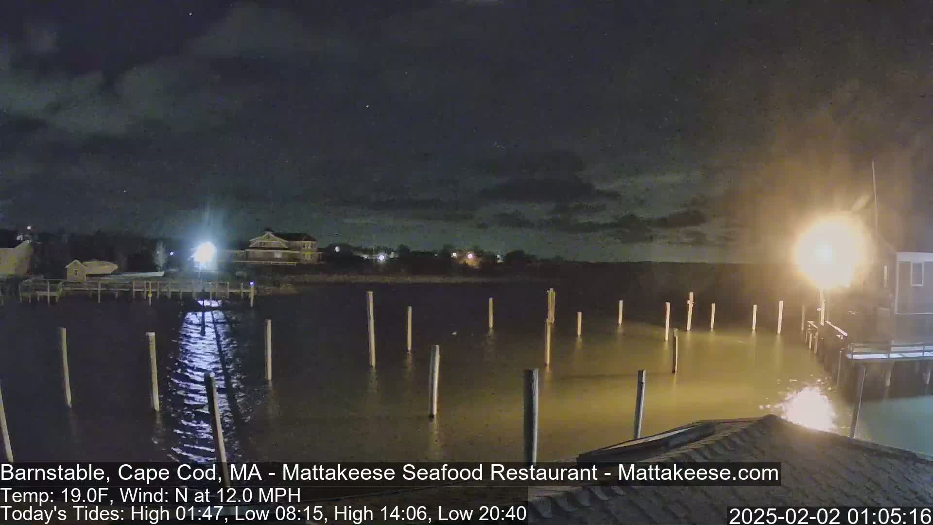 A nighttime view of a calm body of water with wooden pilings extending from a shoreline, under a partly cloudy sky.