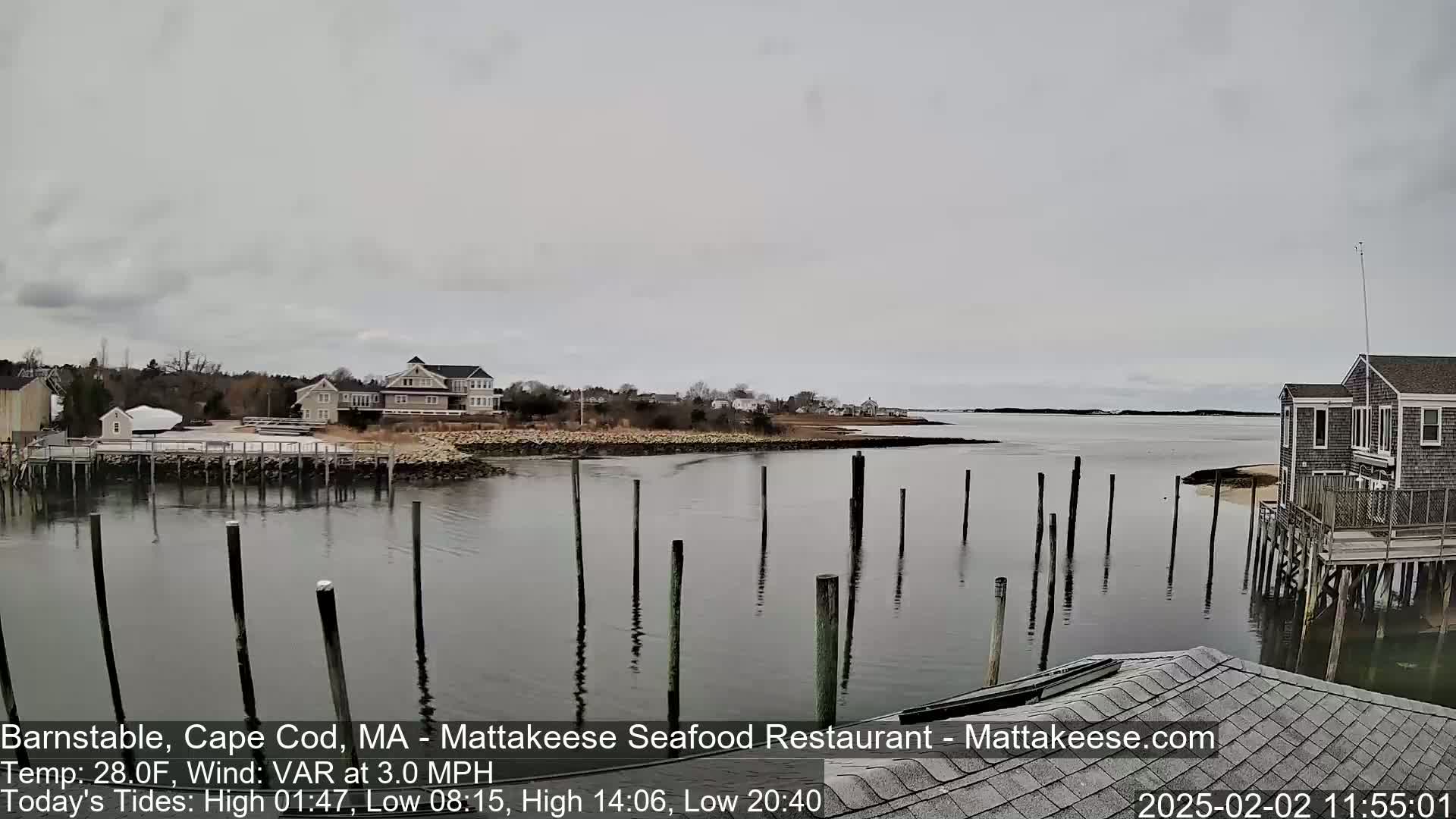 A calm, overcast day shows a waterfront scene with a harbor, wooden pilings, and houses on the shore.